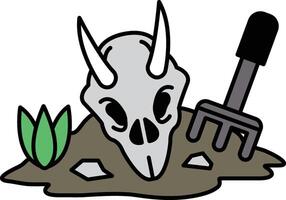 A skull is laying on the ground next to a shovel and a plant vector