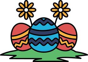 Three colorful eggs are sitting on a green grassy area vector