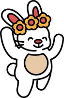 A cartoon rabbit with a flower crown on its head is jumping up and down vector