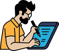 A man is writing on a tablet with a pen vector