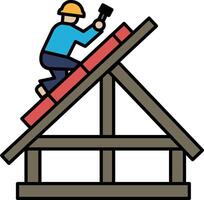 A man is working on a roof, hammering nails into the wood vector