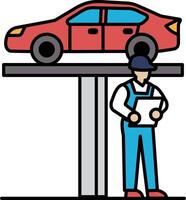 A mechanic is standing on a lift with a red car in front of him vector