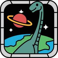 A cartoon of a dinosaur with a planet and a moon in the background vector