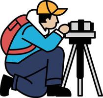 A man is crouching down and looking at a camera vector