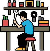 A man is working on a project at a workbench vector
