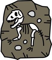 A cartoon drawing of a dinosaur skeleton is sitting in a pile of rocks vector