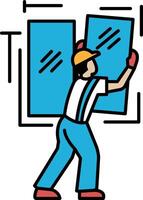 A man in blue work clothes is holding a window frame vector