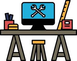 A computer desk with a monitor, ruler, and a pair of wrenches vector