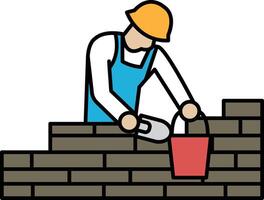 A man is laying bricks and using a bucket to hold the mortar vector