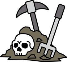 A skull is on top of a pile of dirt, with a pick and a shovel leaning against it vector
