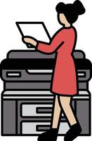 A woman is standing in front of a printer, holding a piece of paper vector