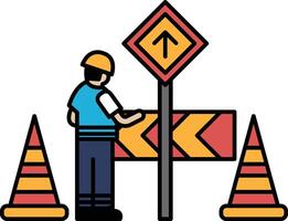 A man in a blue vest is standing in front of a sign with an arrow pointing up vector