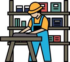 A man in a blue jumpsuit is working on a table vector