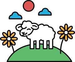 A cartoon sheep is standing on a hill with a sun in the background vector