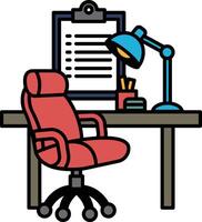 A red chair sits in front of a desk with a clipboard and a lamp vector
