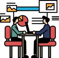 Two men sitting at a table with a laptop in front of them vector