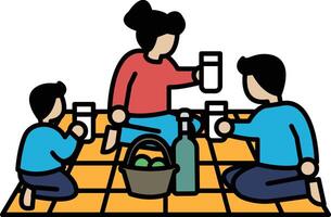A family of three sitting on a blanket and drinking from cups vector