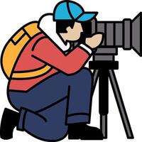A man is crouching down and taking a picture with a camera vector