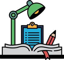 A desk lamp sits on top of a book with a pencil and a clipboard vector
