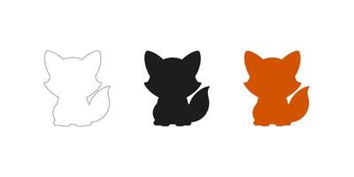 Baby Fox Illustration in Three Styles - Editable Stroke Outline, Silhouette, and Colorful vector