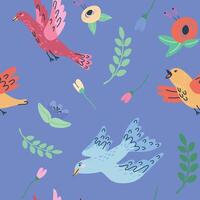 colorful handdrawn seamless pattern with birds and flowers for romantic design vector