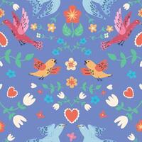 handdrawn seamless pattern with birds, flowers and hearts. Perfect for romantic design vector