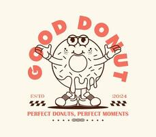 Vintage donut cartoon character graphic design, perfect for t-shirts, graphic tees, posters, stickers, and merchandise. Retro style with a playful and fun vibe vector