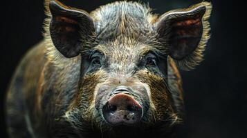 Close-up photo of a pig's head with a sharp focus on its eyes and snout.
