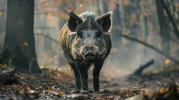The pig is walking through a forest with trees and fallen leaves. photo