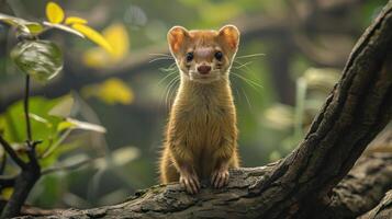 A cute weasel sitting on top of a tree branch with a serene forest backdrop. photo