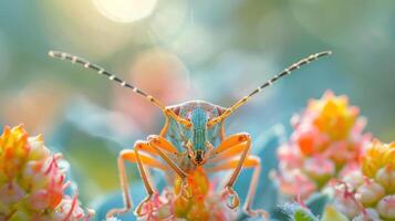 A close-up photograph of a beautiful beetle on colorful flowers with bokeh background photo