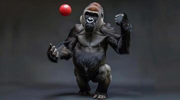 A gorilla is playing with a red ball and appears to be enjoying itself. photo