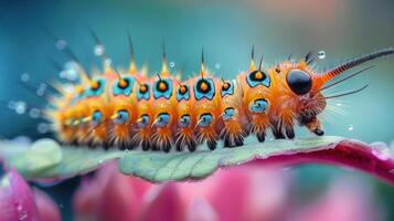 A close-up photograph of a colorful caterpillar resting on a pink leaf, with the focus on its vivid patterns and bright colors. photo