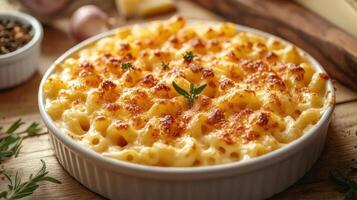 Tasty-looking homemade mac and cheese casserole, with a hint of bacon for added depth. photo