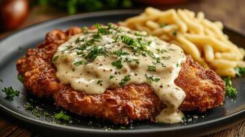 A plate of breaded chicken with creamy sauce and waffles. photo