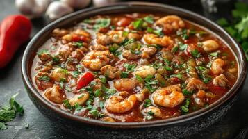 A delicious bowl of Cuban style shrimp and pork stew, garnished with spices and herbs. photo