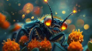 A closeup of a bug sitting on top of orange flowers with a focus on it. photo
