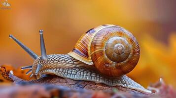 A snail crawling on a leaf surrounded by autumn leaves. photo