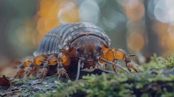 A close-up image of a small forest creature with six legs. photo