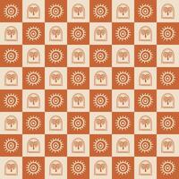 Brown checkered summer tropical seamless pattern with palm tree and sun. Cute hand drawn beach print, fabric, textile, wallpaper, repeat background Illustration in boho style. Hippie ornament. vector
