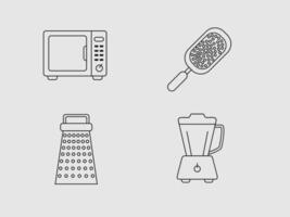 The image presents four common kitchen appliances depicted in a simple line art style against a light gray background vector