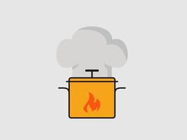 graphic illustration of a cooking pot with a flame underneath and a chef's hat above vector