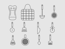 The image showcases a collection of kitchen utensils and tools depicted in simple line art on a light gray background vector