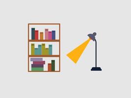 The image depicts a simple illustration of a bookshelf and a lamp against a light gray background vector