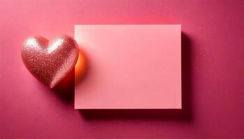 Valentines Day background. Pink background with heart. Blank card and heart. Mokeup card. Romantic background. Love background. photo