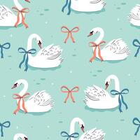 Seamless pattern with swans with ribbon bows on their necks. graphics. vector