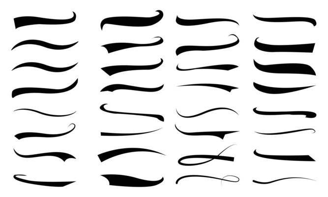 Set of Swoosh . Calligraphy swirl. swoop underline typography tails shape in flat styles. Hand drawn swoosh elements, Set of ribbons. Highlight text elements.