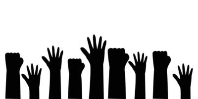 Multiracial people's hands and fists raised in the air. illustration of people protesting. Symbol of strength, power and solidarity. vector