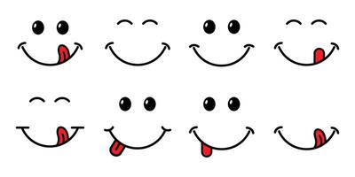 smile face with red tongue set. International happiness day icon. Smiling or Smile Icons Design Template, Simple Faces Collection Isolated on White Background. vector