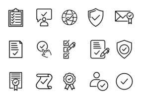 Verified checkmark guarantee approval icon set in outline. containing agreements, confirmation, certification, validation, document, accept, checklist icon. EPS 10. vector